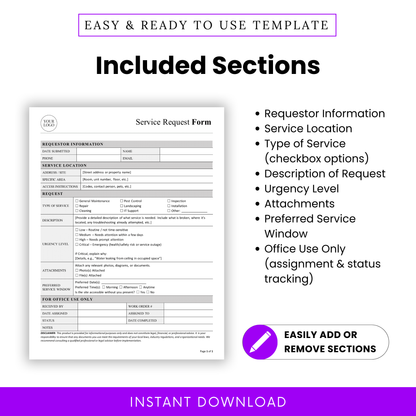 Service request form sections including requestor information, service location, type of service checklist, request description, urgency level, attachments, and service schedule details