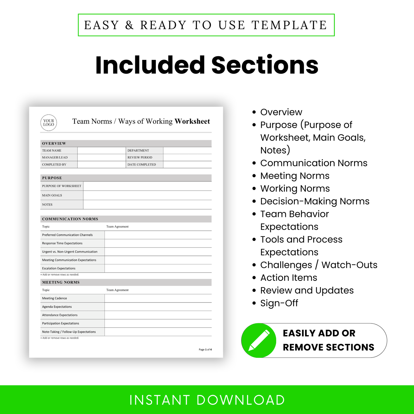 Team norms worksheet sections overview including purpose, communication norms, meeting norms, decision-making, team behavior expectations, tools, challenges, and sign-off, editable document
