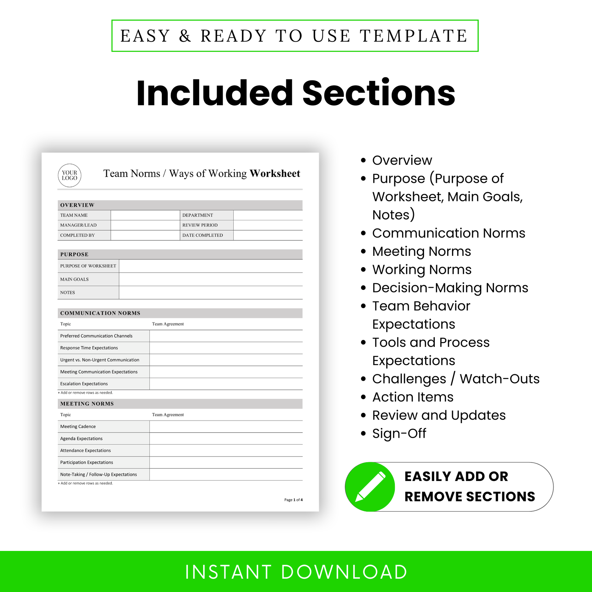 Team norms worksheet sections overview including purpose, communication norms, meeting norms, decision-making, team behavior expectations, tools, challenges, and sign-off, editable document