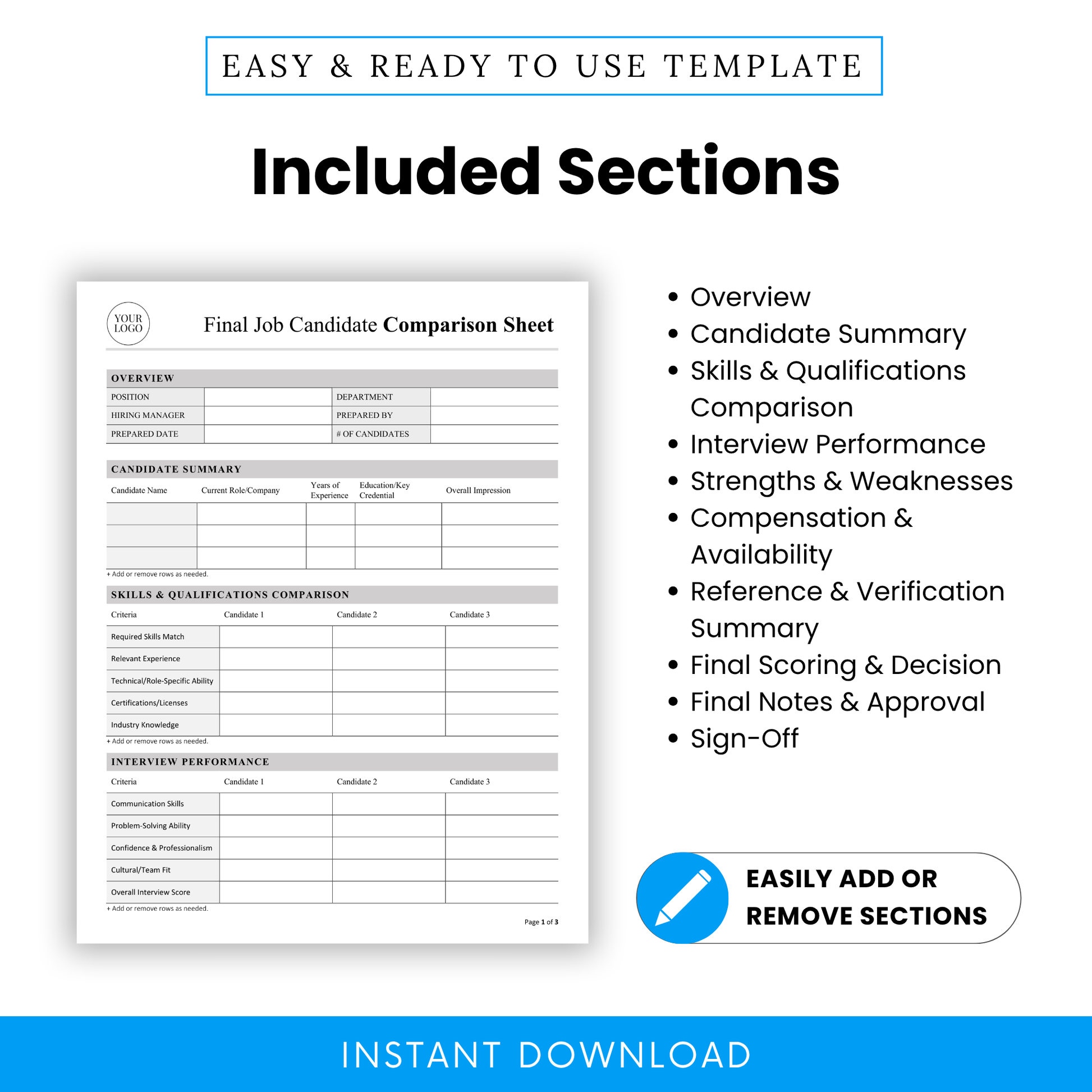 All sections included in the Final Job Candidate Comparison Sheet Template, such as overview, interview performance, and scoring. This editable Job Candidate Comparison Template Word is ideal for structured evaluations and consistent hiring processes.