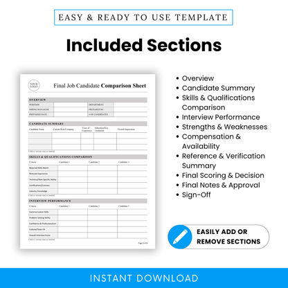 All sections included in the Final Job Candidate Comparison Sheet Template, such as overview, interview performance, and scoring. This editable Job Candidate Comparison Template Word is ideal for structured evaluations and consistent hiring processes.