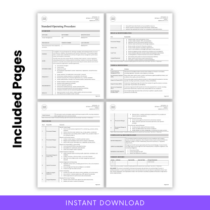Four-page overview of the Vendor Management SOP template, showcasing clearly structured sections including Overview, Responsibilities, Procedures, and Compliance Documentation.