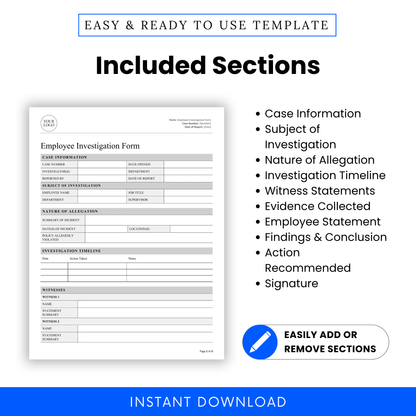 Details sections included in the form: Case Information, Subject of Investigation, Nature of Allegation, Timeline, Witnesses, Evidence, Statements, Conclusion, and Signatures.