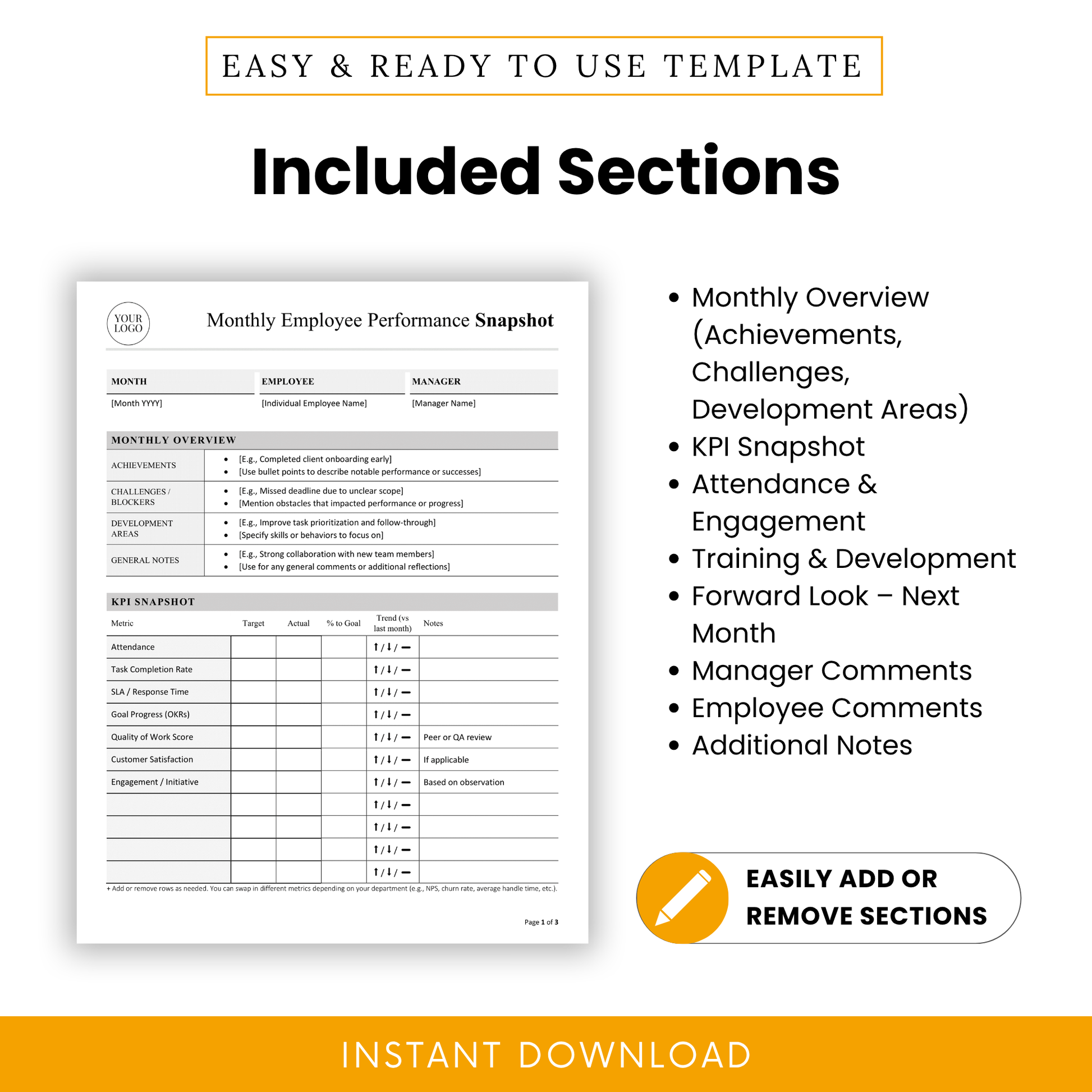 Monthly employee evaluation template with sections for achievements, KPI tracking, attendance, training, manager comments, employee feedback, and notes