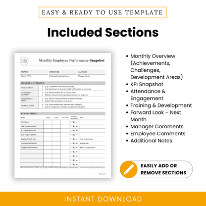 Monthly employee evaluation template with sections for achievements, KPI tracking, attendance, training, manager comments, employee feedback, and notes