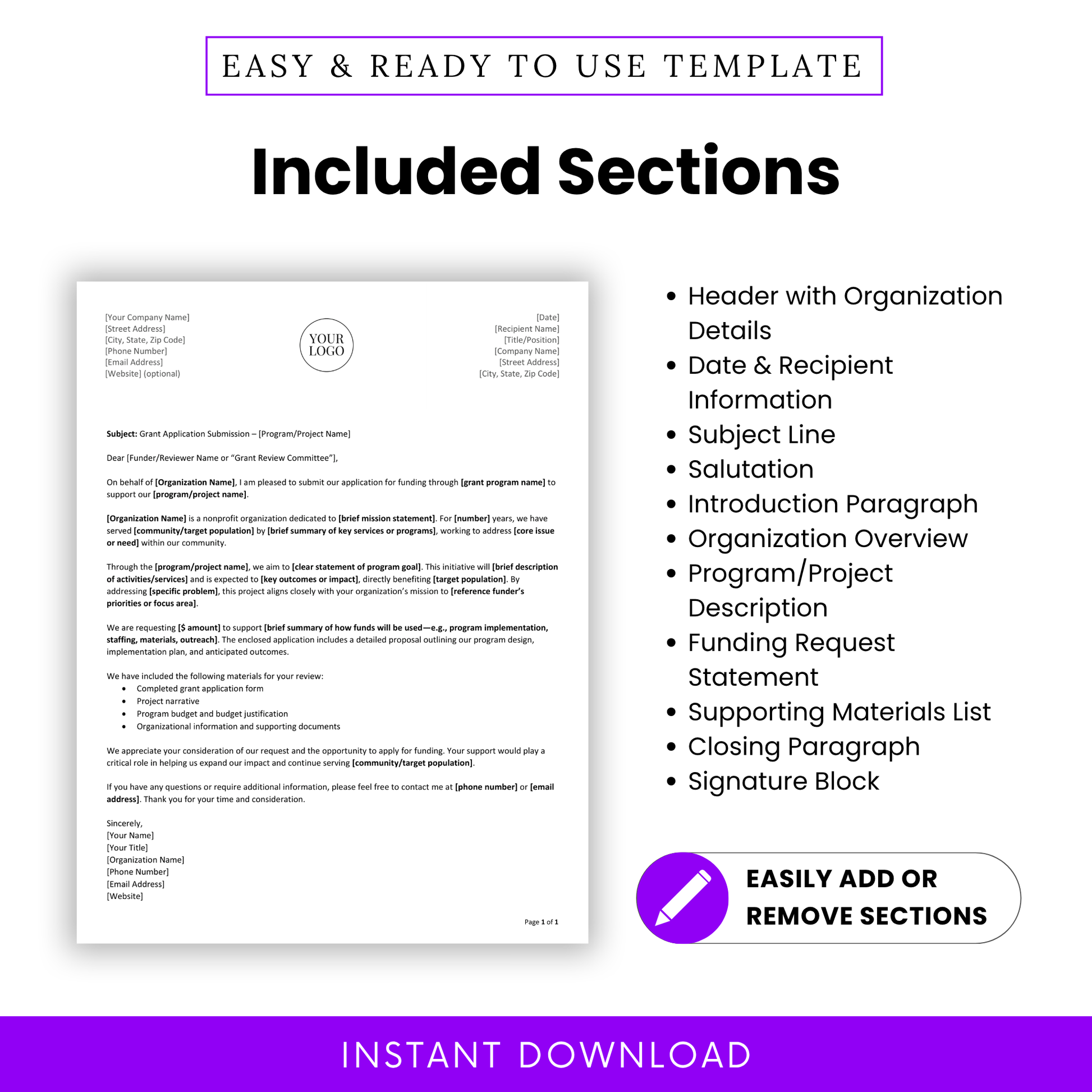 Grant Cover Letter Template PDF showcasing all included sections like organization overview, funding request, and project description. This simple Grant Application Letter Template helps users structure proposals clearly and present information in a professional format.