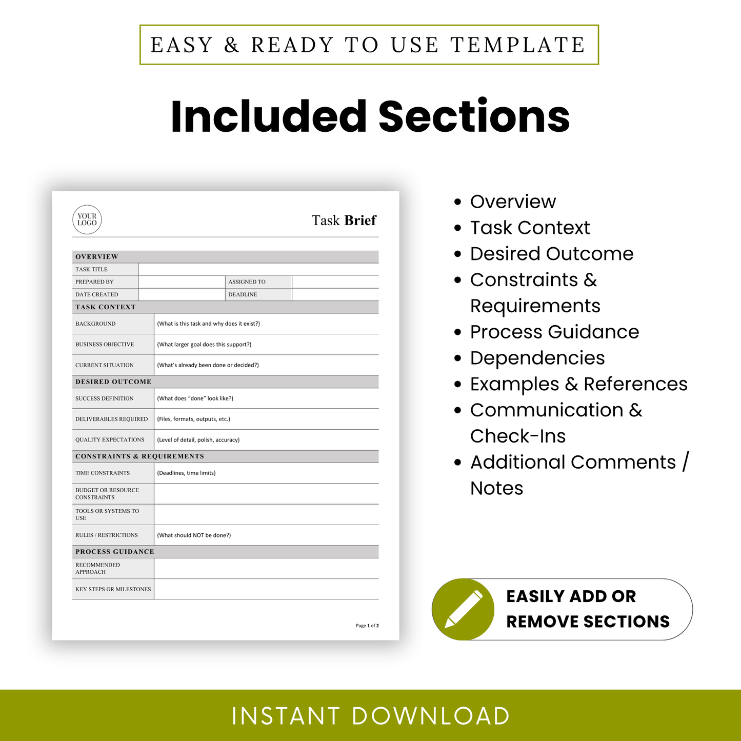 Task brief template section overview listing key sections like overview, task context, desired outcome, constraints, process guidance, dependencies, and communication check-ins