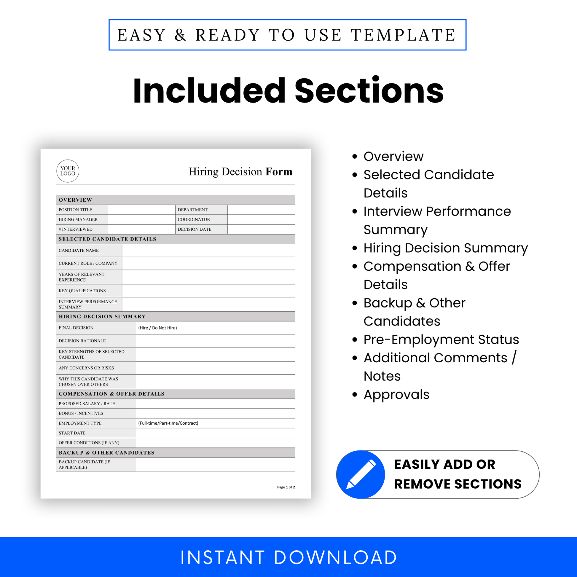 Hiring Decision Template showcasing all included sections like overview, candidate details, and approvals. This simple Hiring Decision Form Template is ideal for businesses needing a customizable and structured hiring document.