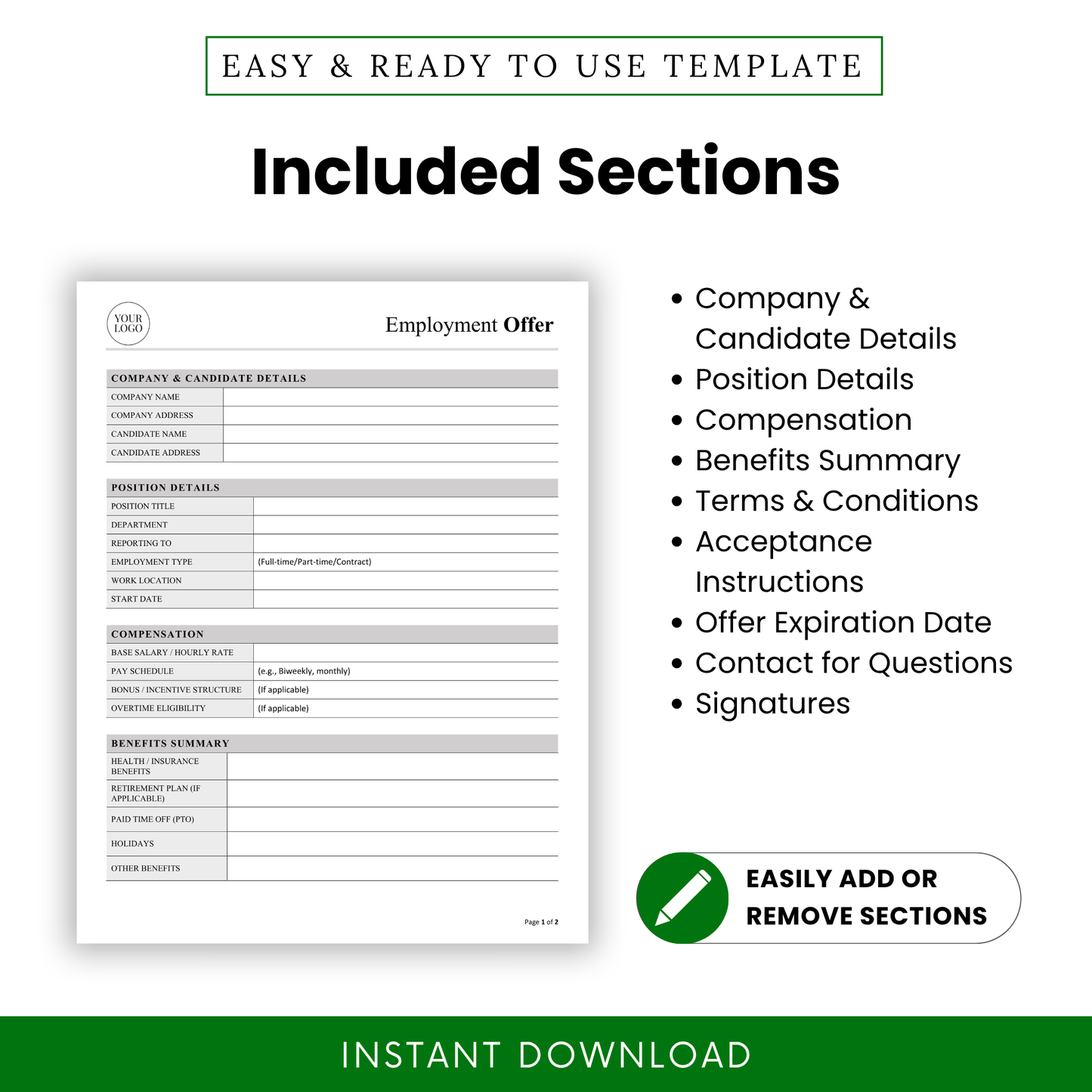 Employment Offer Template highlighting included sections such as company details, position details, compensation, and signatures. This Employment Offer Template PDF is a printable and editable business template ideal for small businesses and hiring professionals.