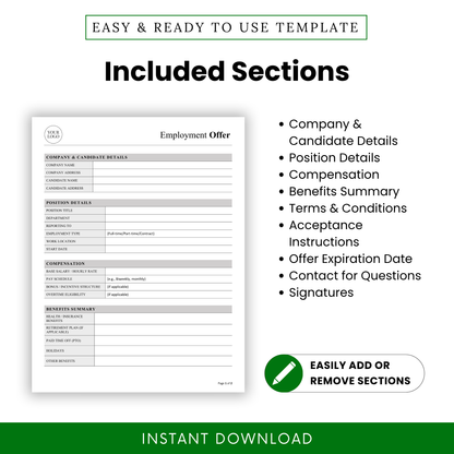 Employment Offer Template highlighting included sections such as company details, position details, compensation, and signatures. This Employment Offer Template PDF is a printable and editable business template ideal for small businesses and hiring professionals.
