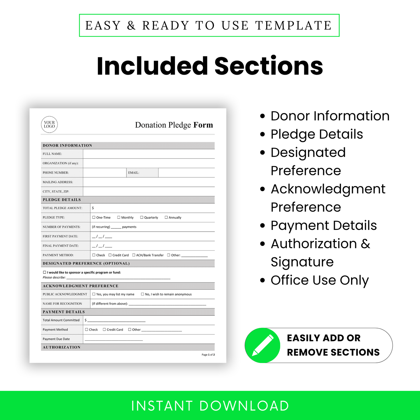 Donation Pledge Form Template showing sections like donor information, pledge details, payment details, and authorization. This editable business template is perfect for nonprofits, charities, and fundraising teams needing a structured and customizable pledge form.