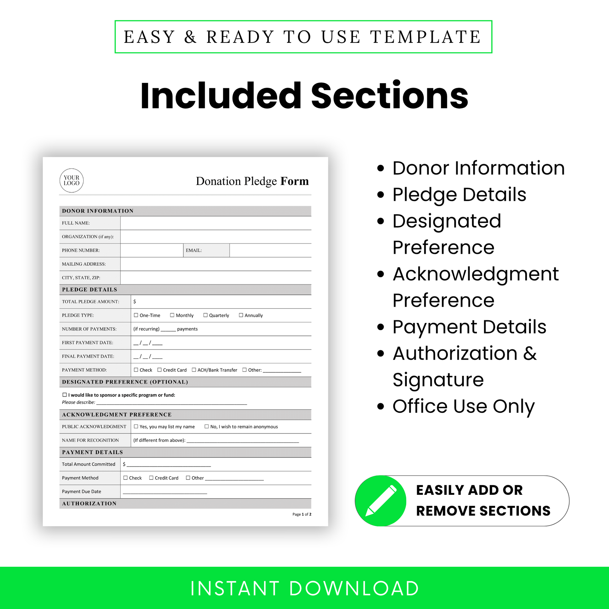 Donation Pledge Form Template showing sections like donor information, pledge details, payment details, and authorization. This editable business template is perfect for nonprofits, charities, and fundraising teams needing a structured and customizable pledge form.
