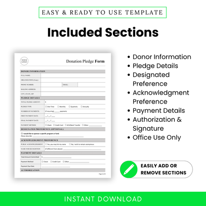 Donation Pledge Form Template showing sections like donor information, pledge details, payment details, and authorization. This editable business template is perfect for nonprofits, charities, and fundraising teams needing a structured and customizable pledge form.