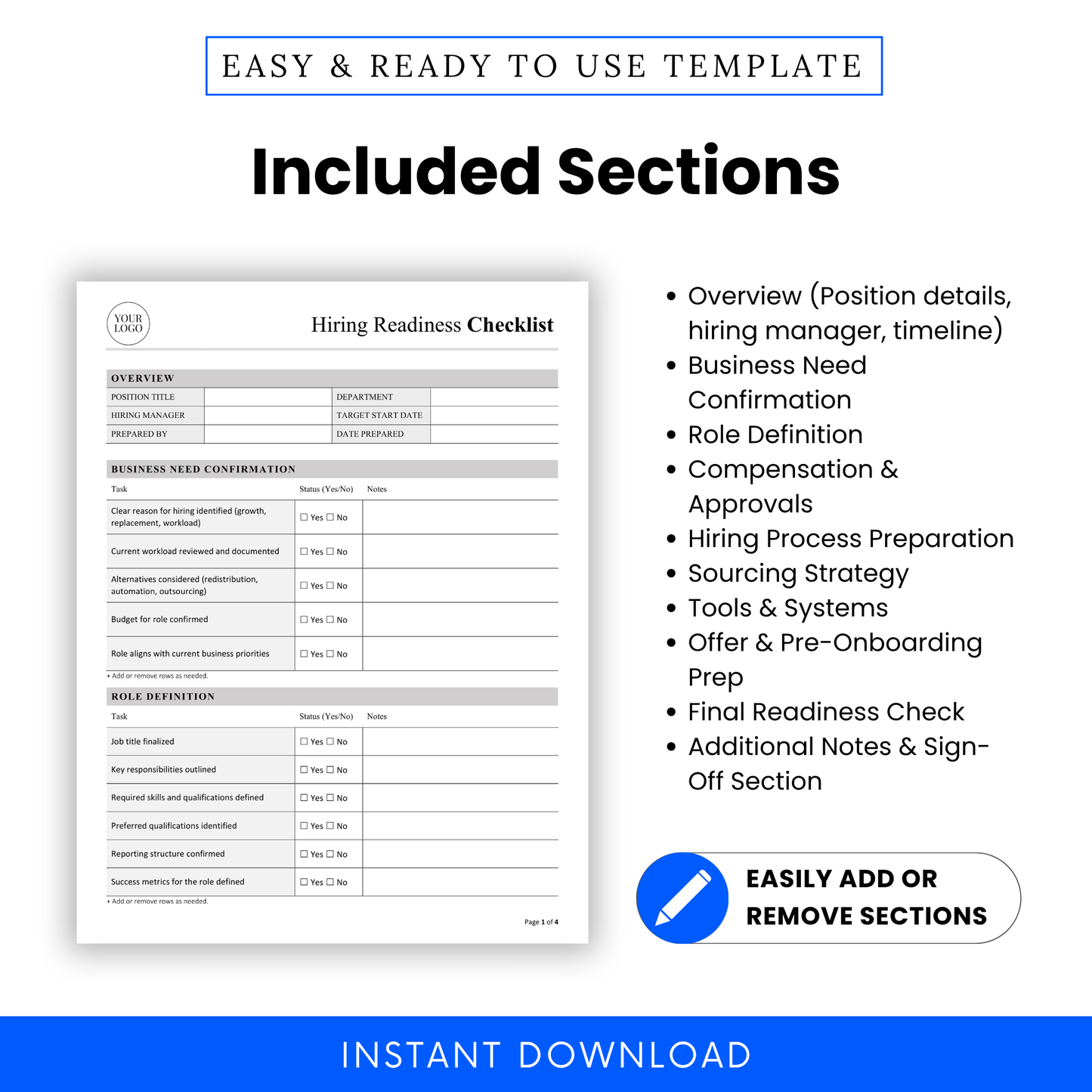 Hiring checklist template sections overview including role definition, compensation planning, hiring process preparation, sourcing strategy, and onboarding checklist