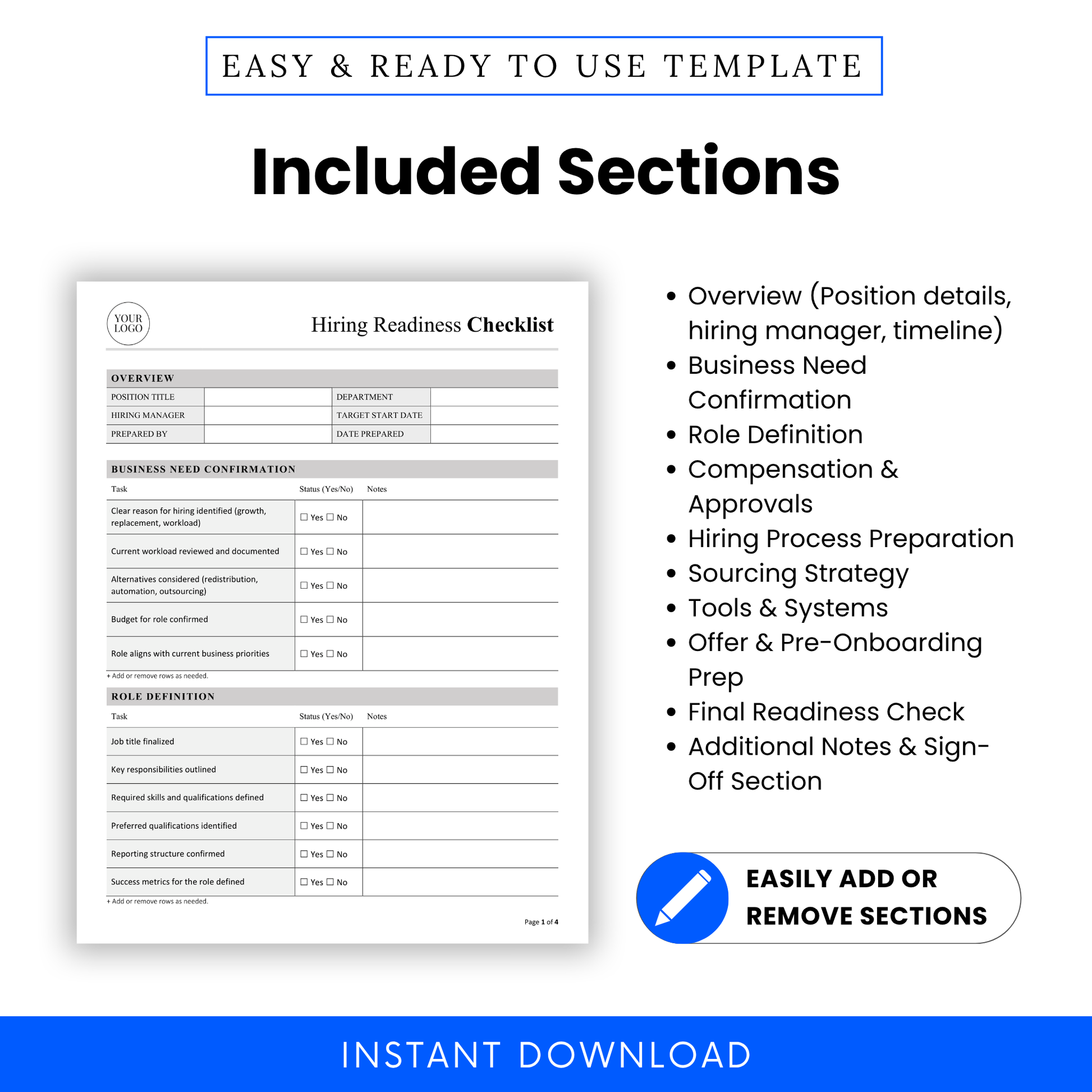 Hiring checklist template sections overview including role definition, compensation planning, hiring process preparation, sourcing strategy, and onboarding checklist