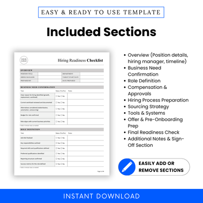 Hiring checklist template sections overview including role definition, compensation planning, hiring process preparation, sourcing strategy, and onboarding checklist