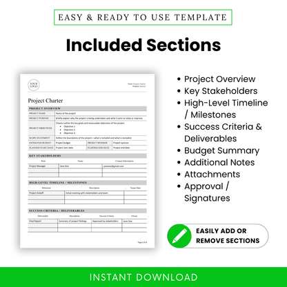 List of project charter template sections: Project Overview, Key Stakeholders, Timeline, Deliverables, Budget Summary, Notes, Attachments, and Approvals.