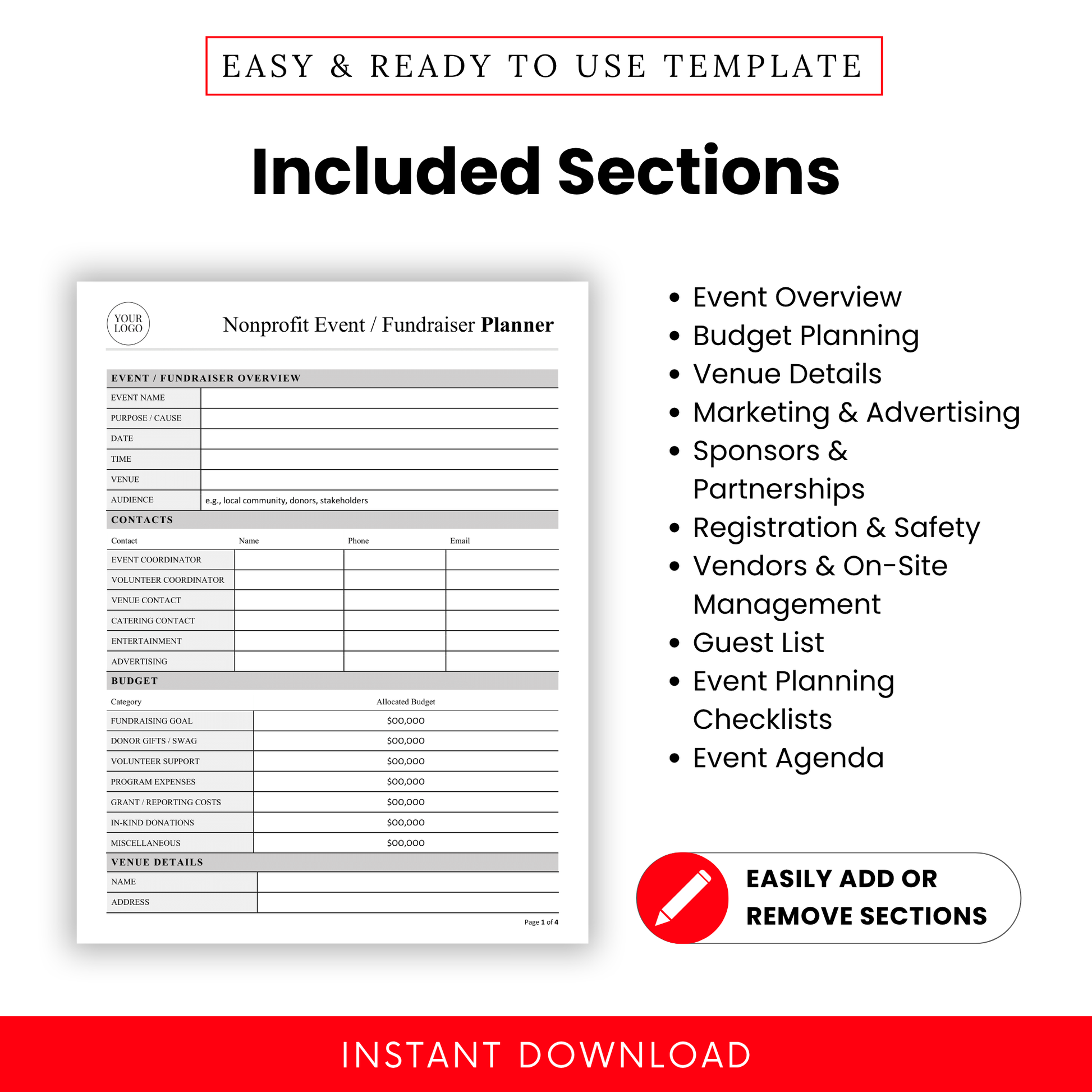 Nonprofit Event Planner Template highlighting sections like event overview, budget planning, marketing, and guest lists. This customizable nonprofit planner template helps teams stay organized while planning successful fundraising events.