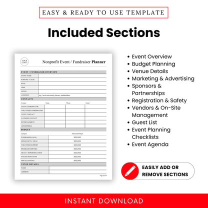 Nonprofit Event Planner Template highlighting sections like event overview, budget planning, marketing, and guest lists. This customizable nonprofit planner template helps teams stay organized while planning successful fundraising events.