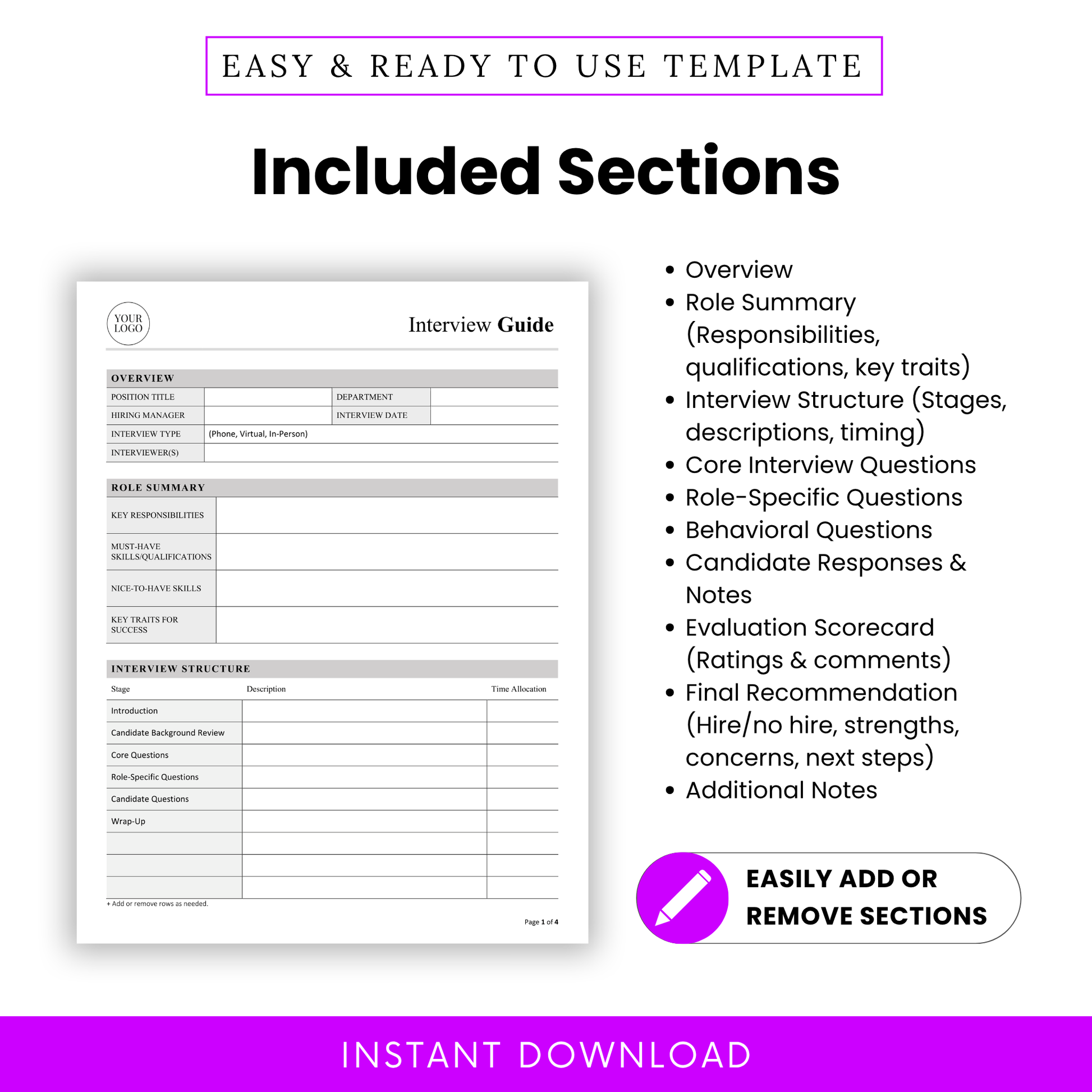 Interview guide template sections overview including role summary, interview structure, behavioral questions, candidate notes, and hiring evaluation form