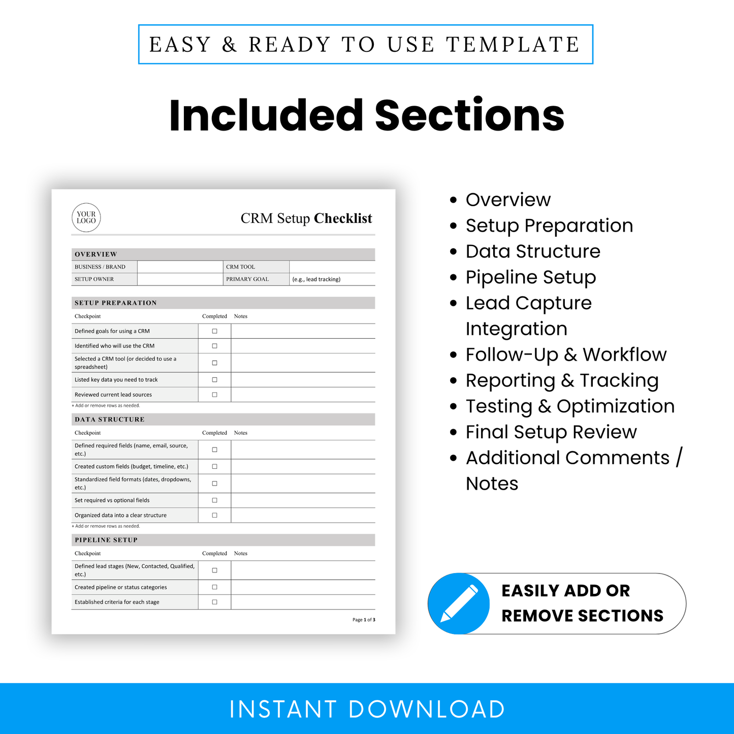 CRM Setup Template Word displaying all sections including pipeline setup, data structure, and reporting. This simple CRM Setup Checklist Template is designed for business owners and managers who want an organized, editable document to manage leads and workflows efficiently.