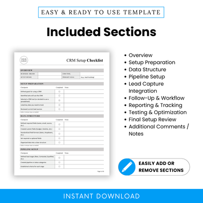 CRM Setup Template Word displaying all sections including pipeline setup, data structure, and reporting. This simple CRM Setup Checklist Template is designed for business owners and managers who want an organized, editable document to manage leads and workflows efficiently.