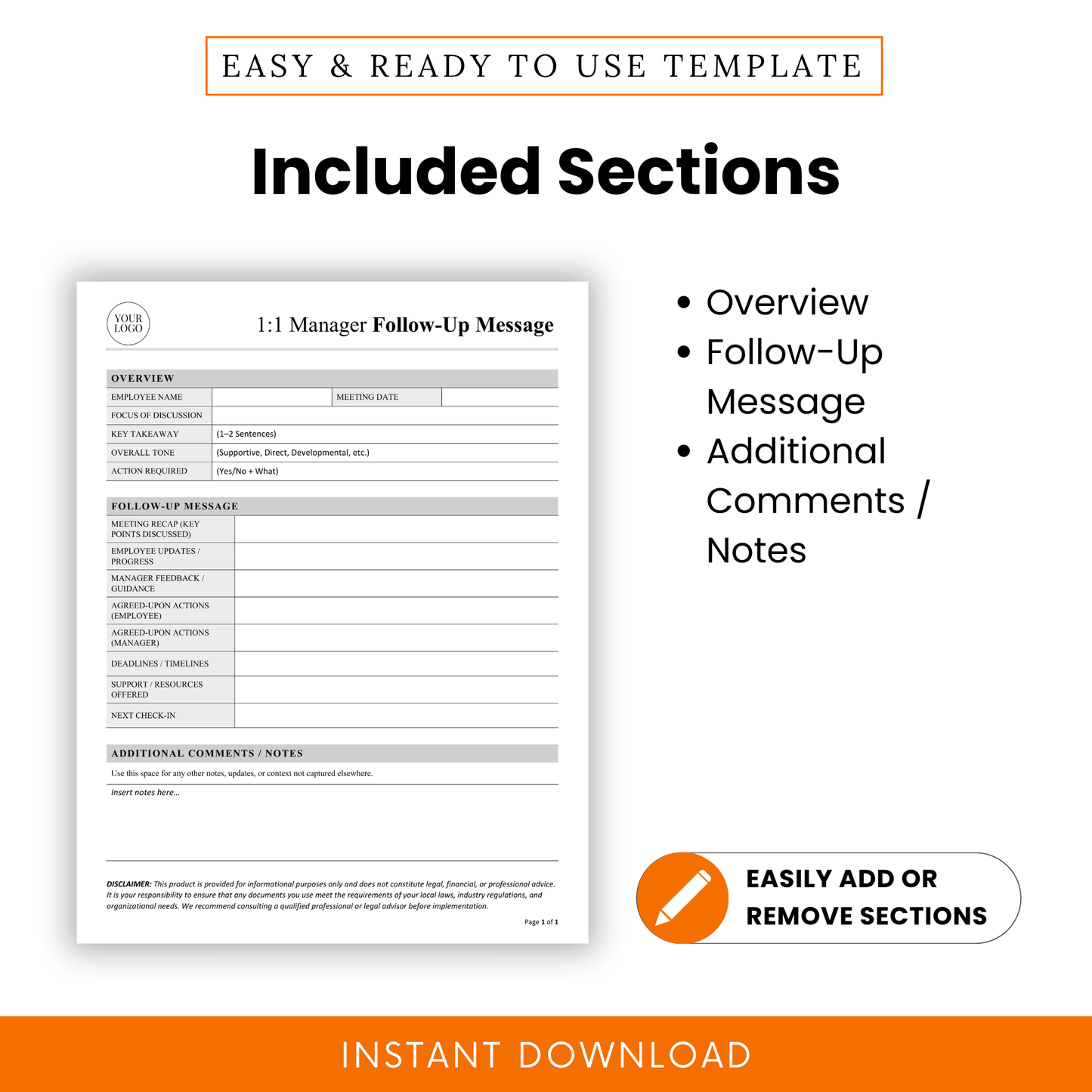 An employee meeting template showcasing included sections such as overview, follow-up message, and additional notes for clear and organized communication.