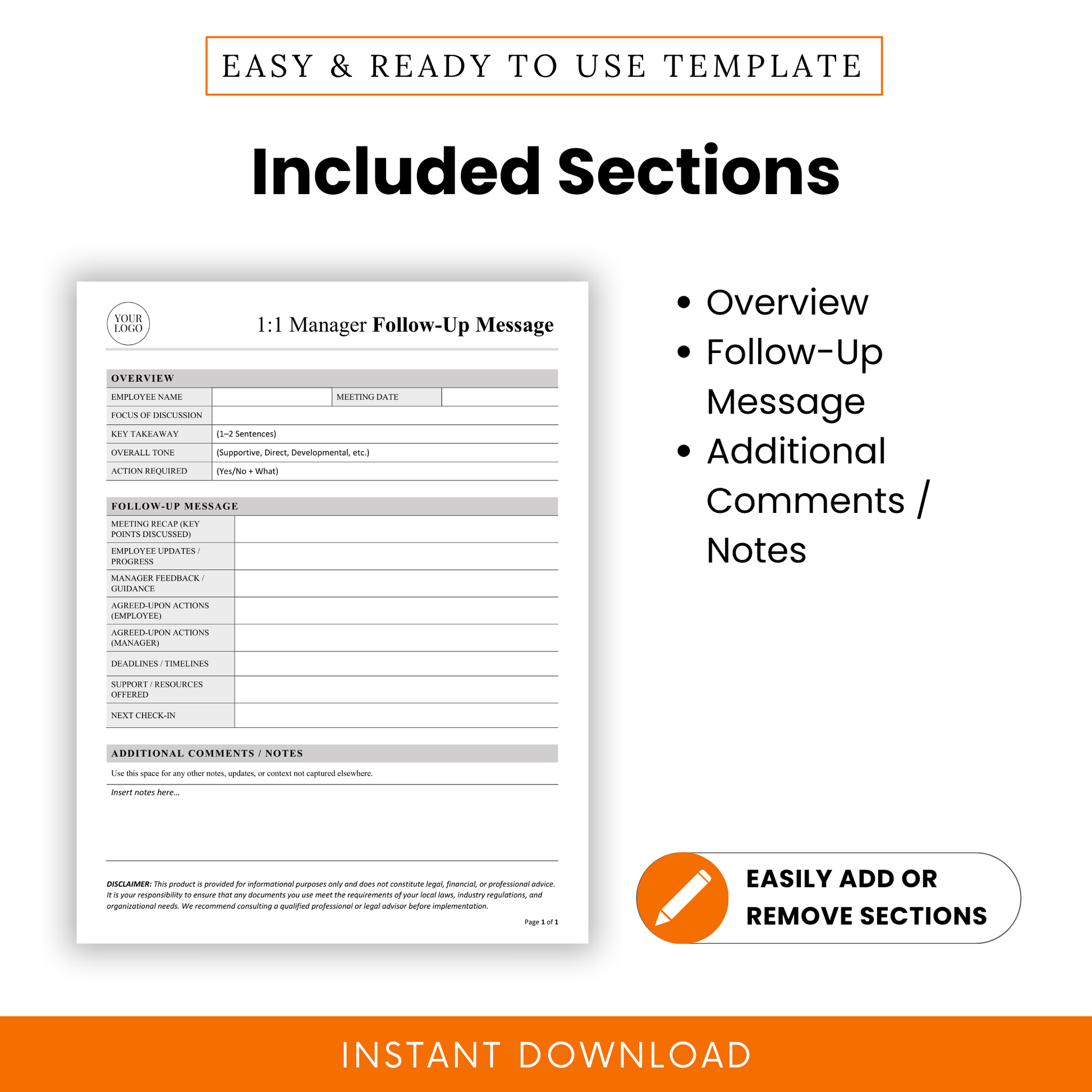 An employee meeting template showcasing included sections such as overview, follow-up message, and additional notes for clear and organized communication.