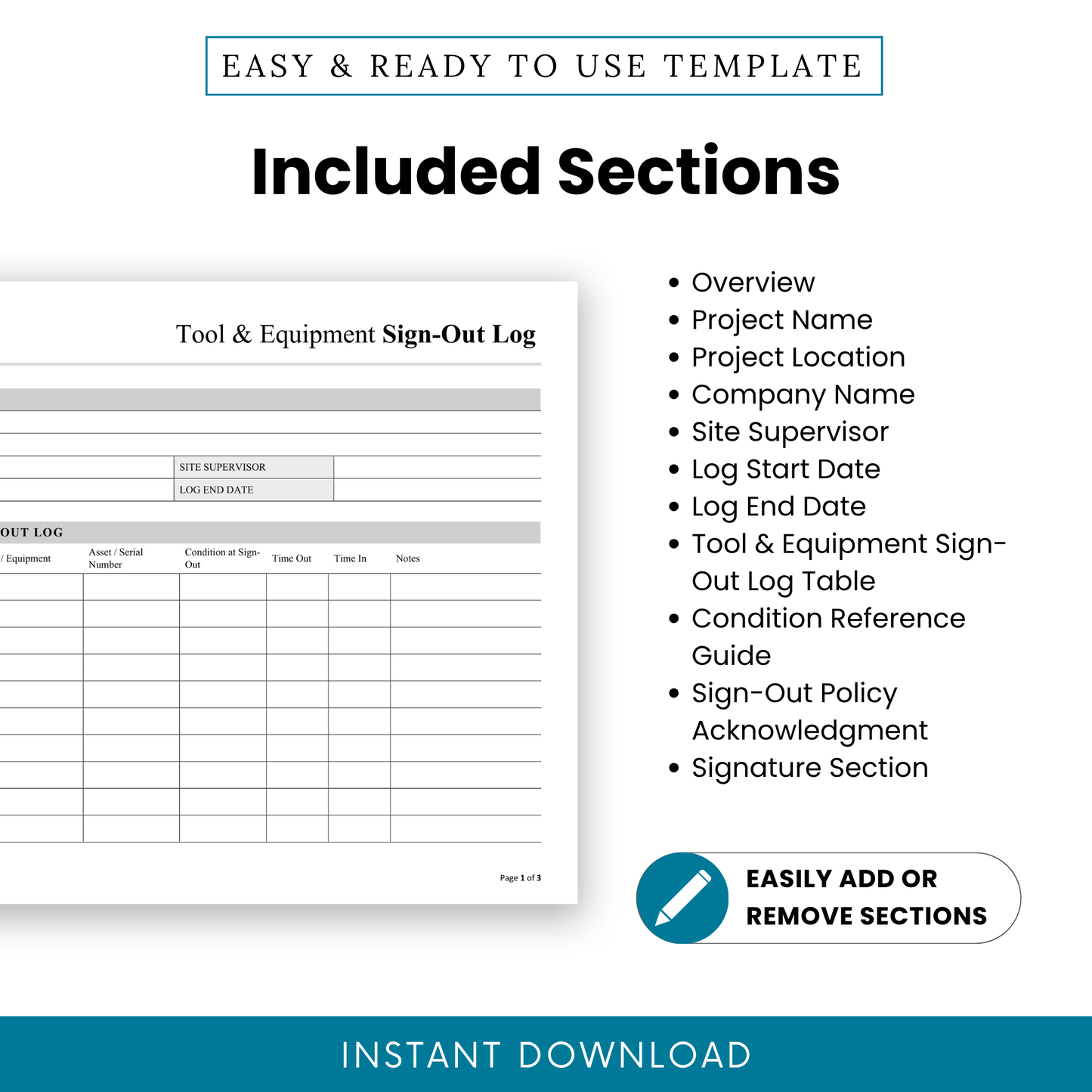 Tool Sign-Out Log Template showing project details, equipment tracking table, condition reference guide, and signature section.