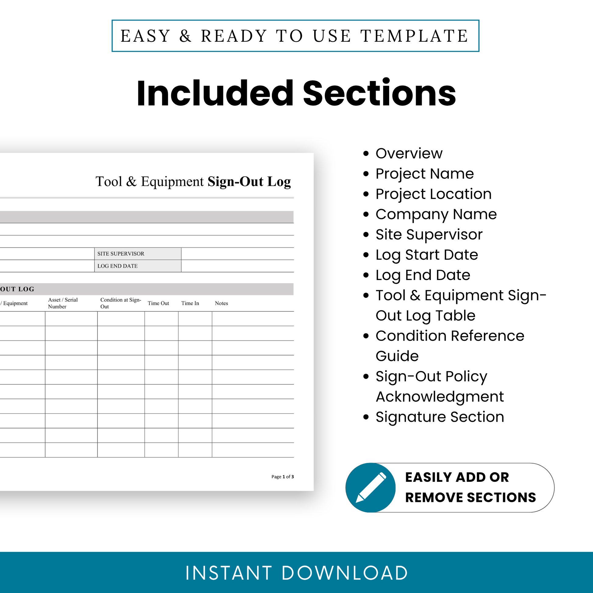 Tool Sign-Out Log Template showing project details, equipment tracking table, condition reference guide, and signature section.