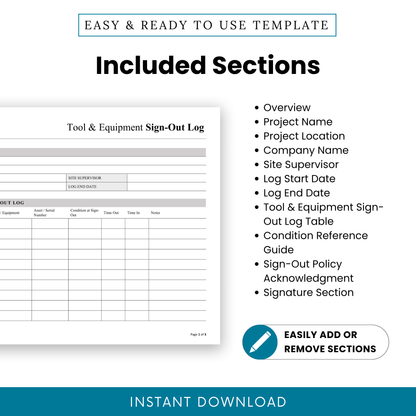 Tool Sign-Out Log Template showing project details, equipment tracking table, condition reference guide, and signature section.