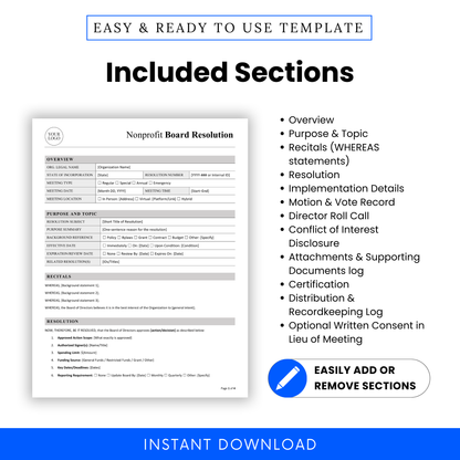 Nonprofit board resolution template sections list including overview, purpose and topic, recitals, resolution, implementation details, vote record, and compliance tracking