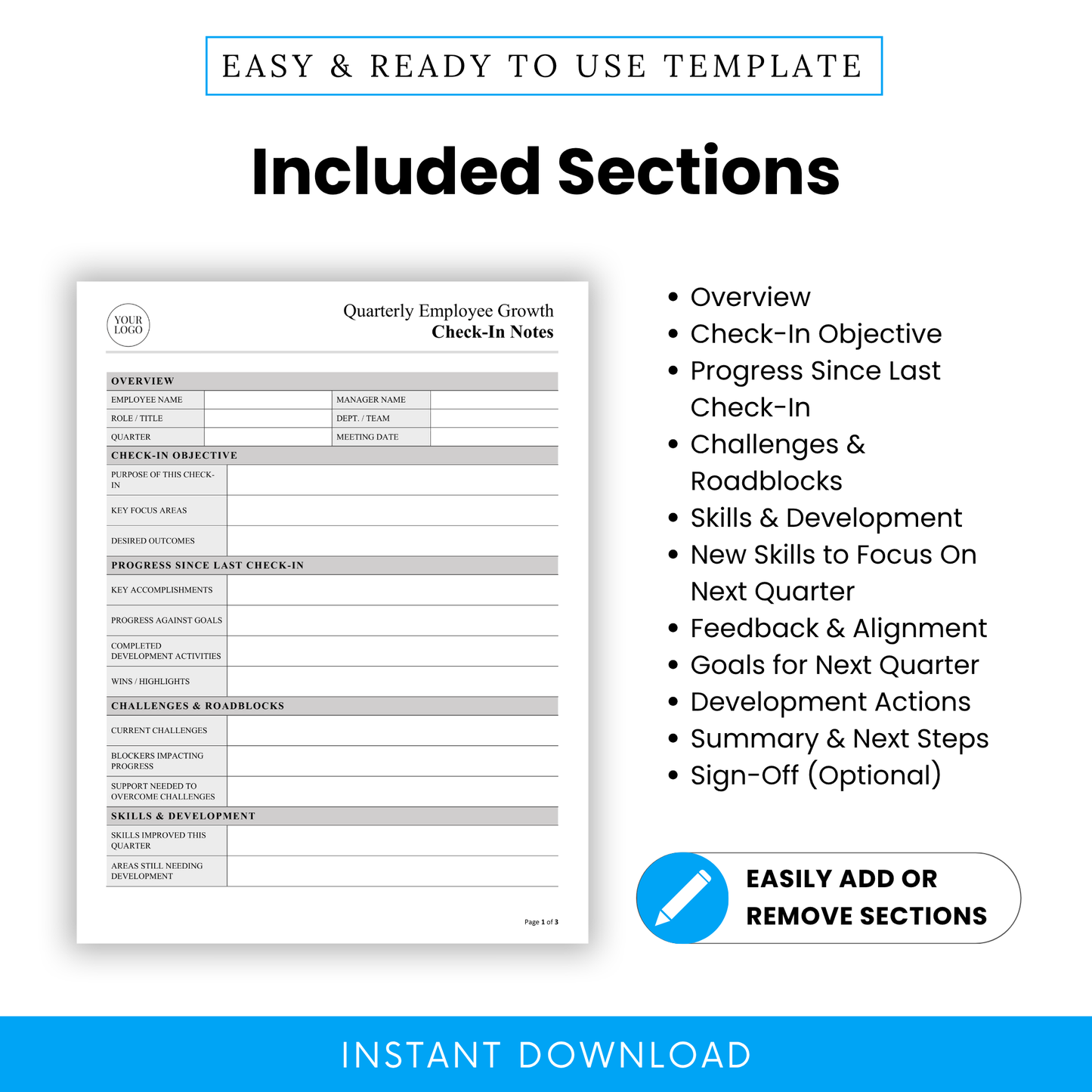 Comprehensive employee evaluation template outlining included sections such as overview, progress review, challenges and roadblocks, skills development, goals, and performance alignment for quarterly reviews.