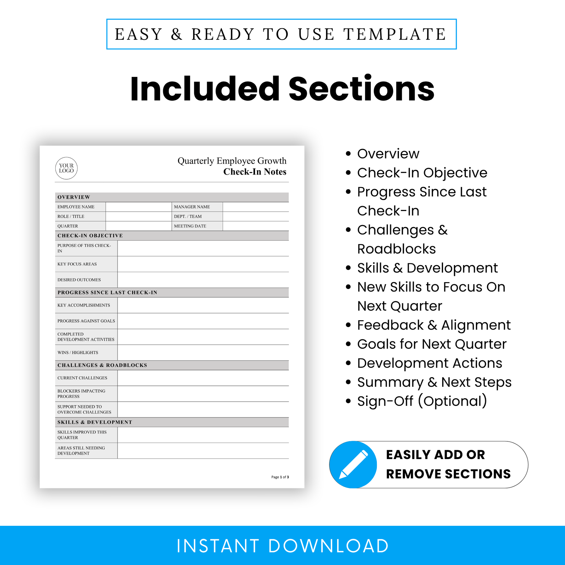 Comprehensive employee evaluation template outlining included sections such as overview, progress review, challenges and roadblocks, skills development, goals, and performance alignment for quarterly reviews.