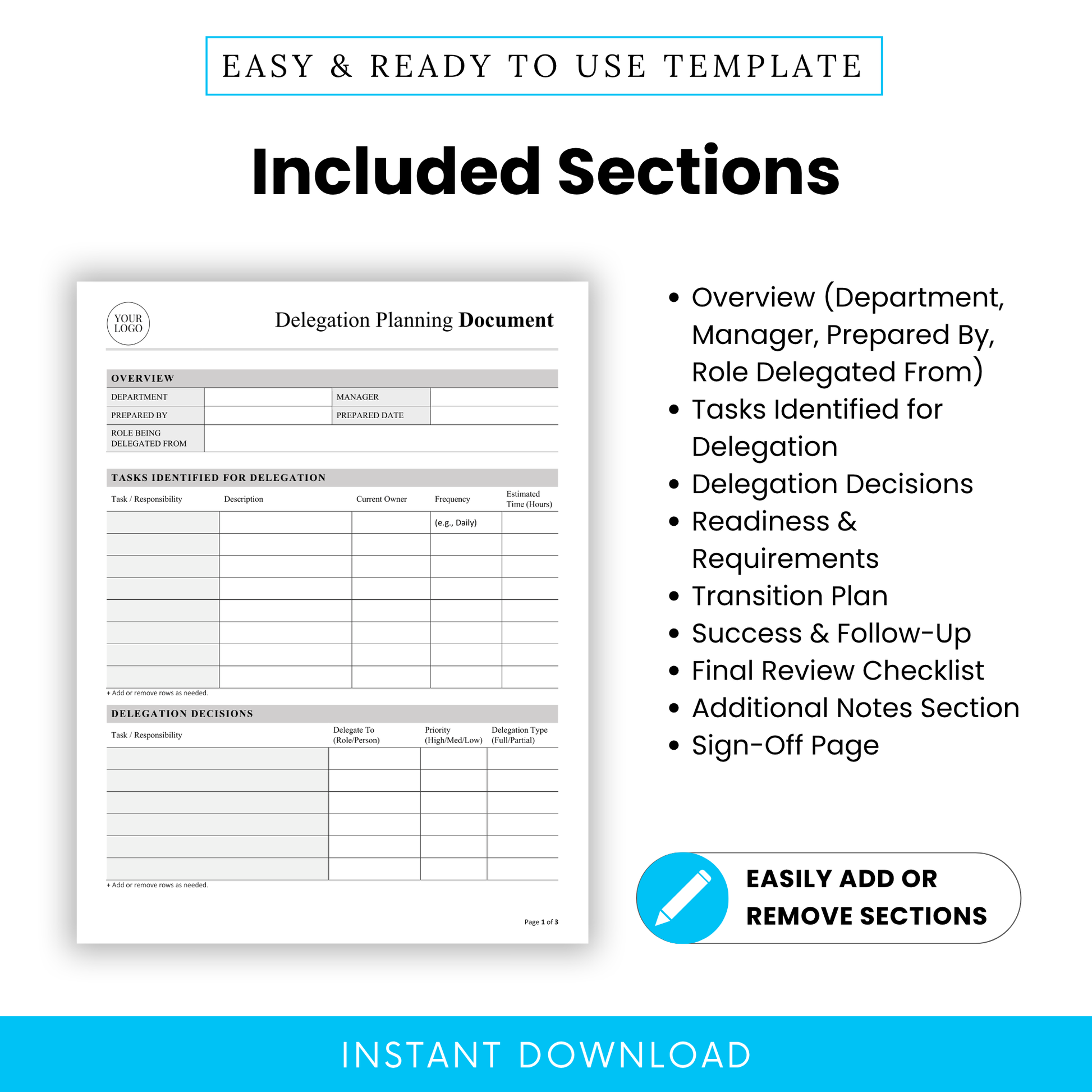 Delegation planning document sections overview highlighting key areas like overview, task delegation, delegation decisions, readiness requirements, transition plan, success follow-up, and sign-off page for structured team management