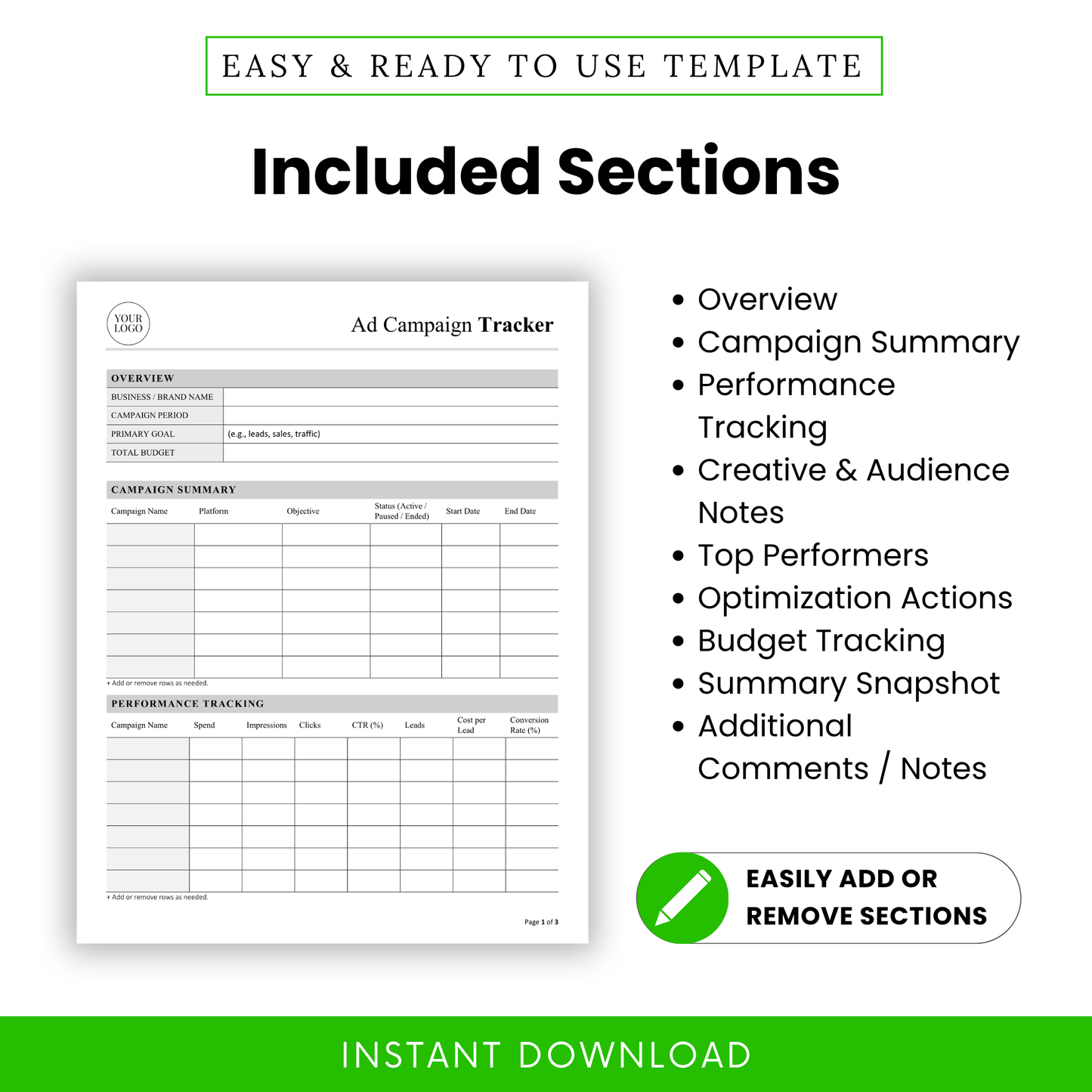 Simple Ad Campaign Tracker Template displaying included sections like campaign summary, performance tracking, and optimization actions. This editable marketing template is designed for easy customization and efficient campaign analysis.