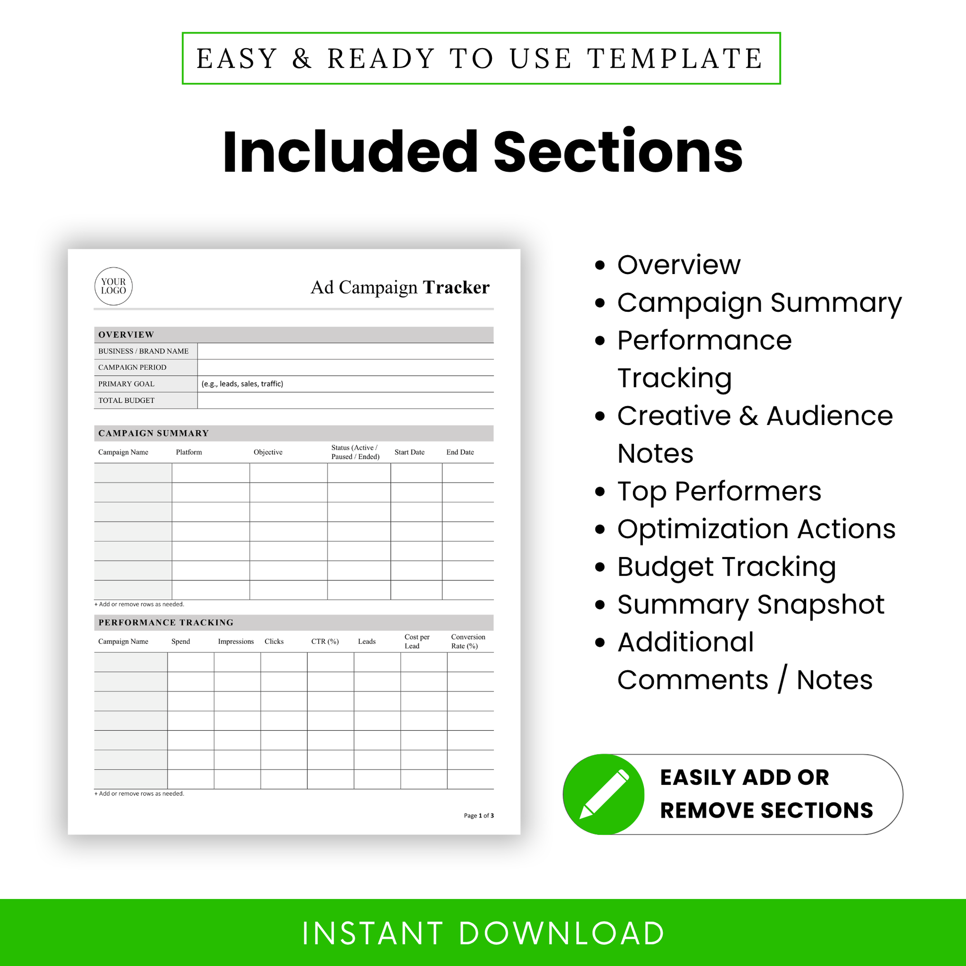 Simple Ad Campaign Tracker Template displaying included sections like campaign summary, performance tracking, and optimization actions. This editable marketing template is designed for easy customization and efficient campaign analysis.