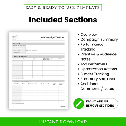 Simple Ad Campaign Tracker Template displaying included sections like campaign summary, performance tracking, and optimization actions. This editable marketing template is designed for easy customization and efficient campaign analysis.
