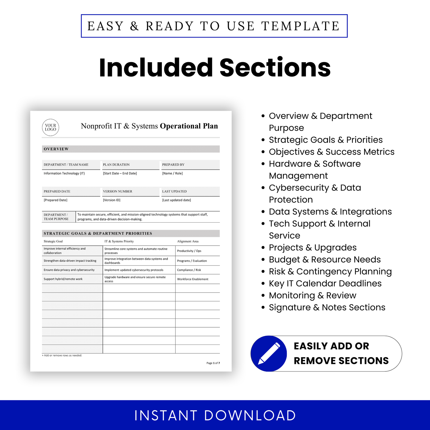 Nonprofit IT operational plan template sections including overview, strategic goals, success metrics, cybersecurity, data systems, IT support, project planning, budget, risk management, and review sections editable in Word