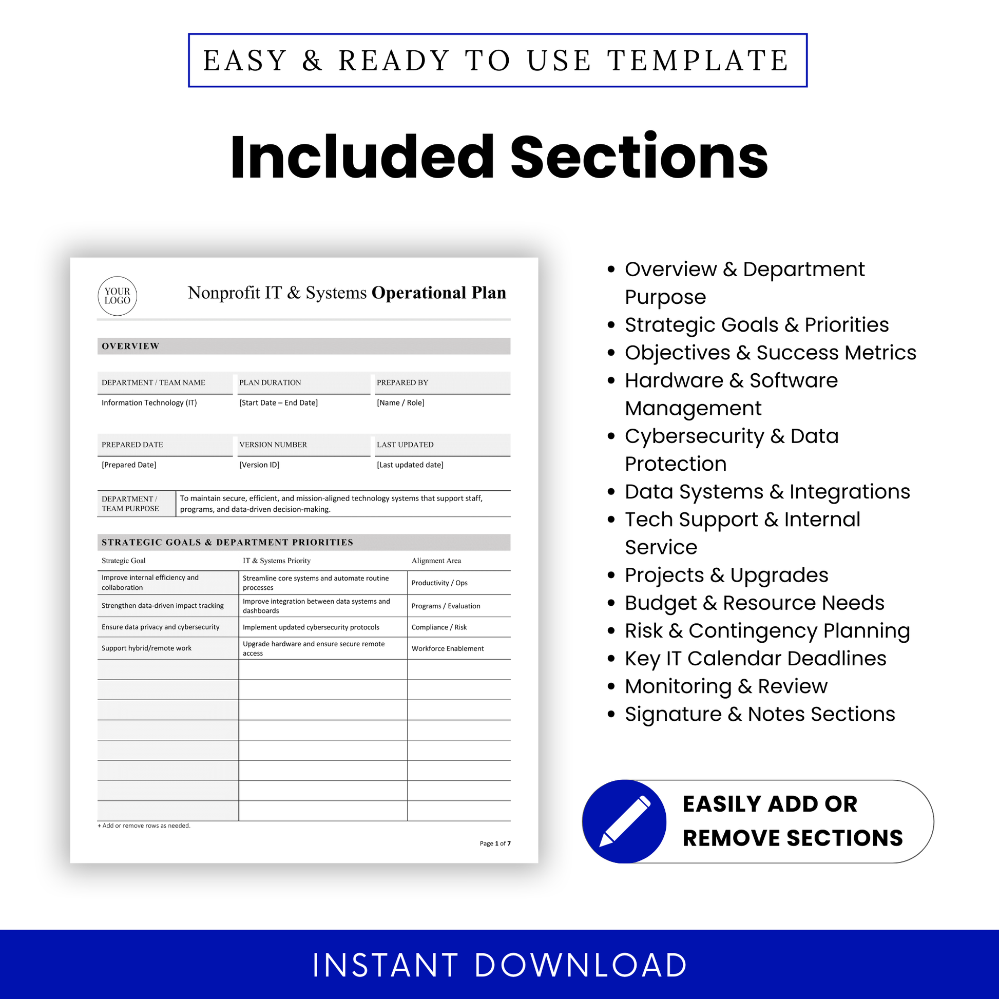 Nonprofit IT operational plan template sections including overview, strategic goals, success metrics, cybersecurity, data systems, IT support, project planning, budget, risk management, and review sections editable in Word