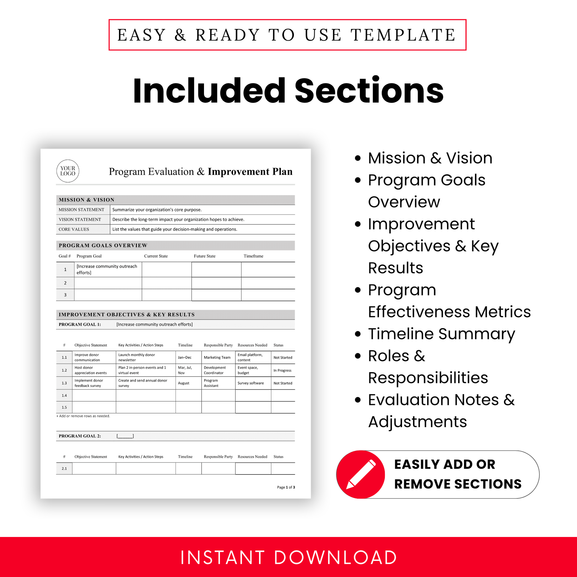 Nonprofit evaluation and improvement plan sections including mission and vision, program goals, KPIs, timeline, roles and responsibilities, and evaluation notes