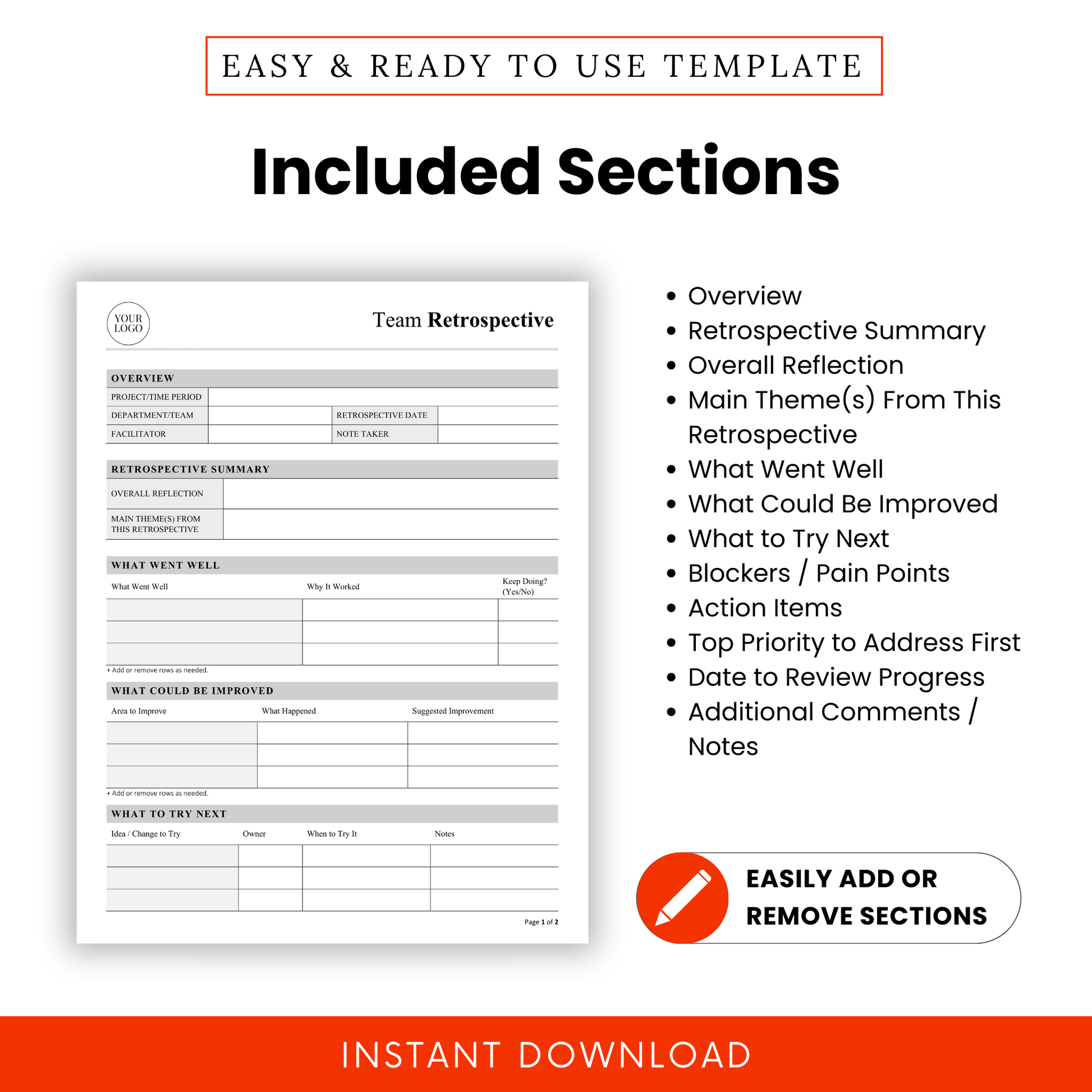 Detailed Team Retrospective Template Sections Including Overview, Reflection, Themes, Wins, Improvements, Blockers, Action Items And Follow Up Notes, Editable Project Review Document