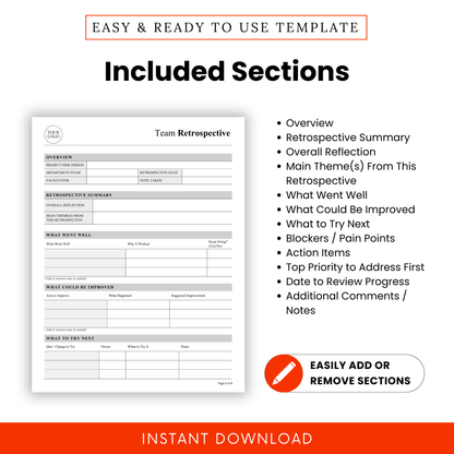 Detailed Team Retrospective Template Sections Including Overview, Reflection, Themes, Wins, Improvements, Blockers, Action Items And Follow Up Notes, Editable Project Review Document