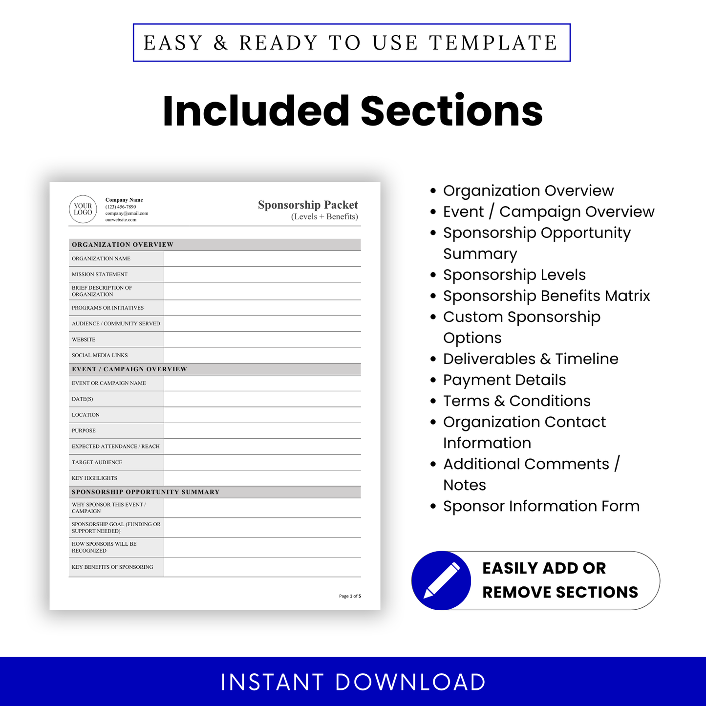 Editable Nonprofit Sponsorship Packet Template displaying all key sections including sponsorship levels, benefits, and campaign overview. This Simple Sponsorship Packet Template helps nonprofits structure professional proposals for donors, sponsors, and community partners.