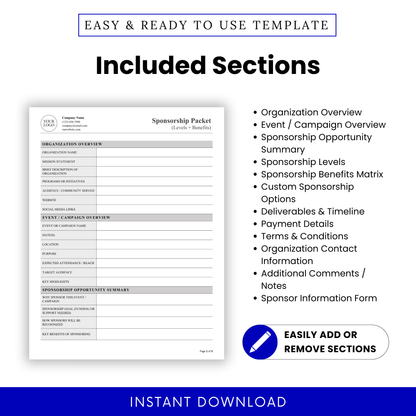 Editable Nonprofit Sponsorship Packet Template displaying all key sections including sponsorship levels, benefits, and campaign overview. This Simple Sponsorship Packet Template helps nonprofits structure professional proposals for donors, sponsors, and community partners.