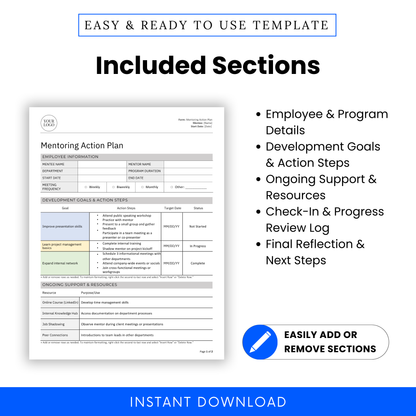 Editable Mentoring Action Plan Template showing included sections: employee and program details, development goals and action steps, ongoing support and resources, check-in and progress review log, and final reflection. Ideal for workplace mentorship programs, leadership development, and employee training. Fully customizable in Microsoft Word and PDF formats. Compatible with US Letter and A4 sizes. Instant digital download for HR professionals, team leads, and business owners.