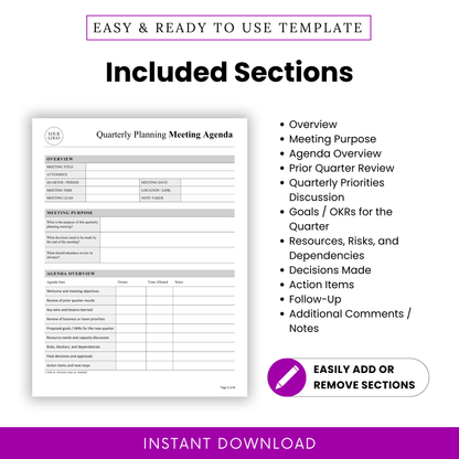 Quarterly meeting agenda template sections list including overview, meeting purpose, agenda overview, prior quarter review, priorities discussion, goals and OKRs, risks, decisions, action items, and follow-up notes