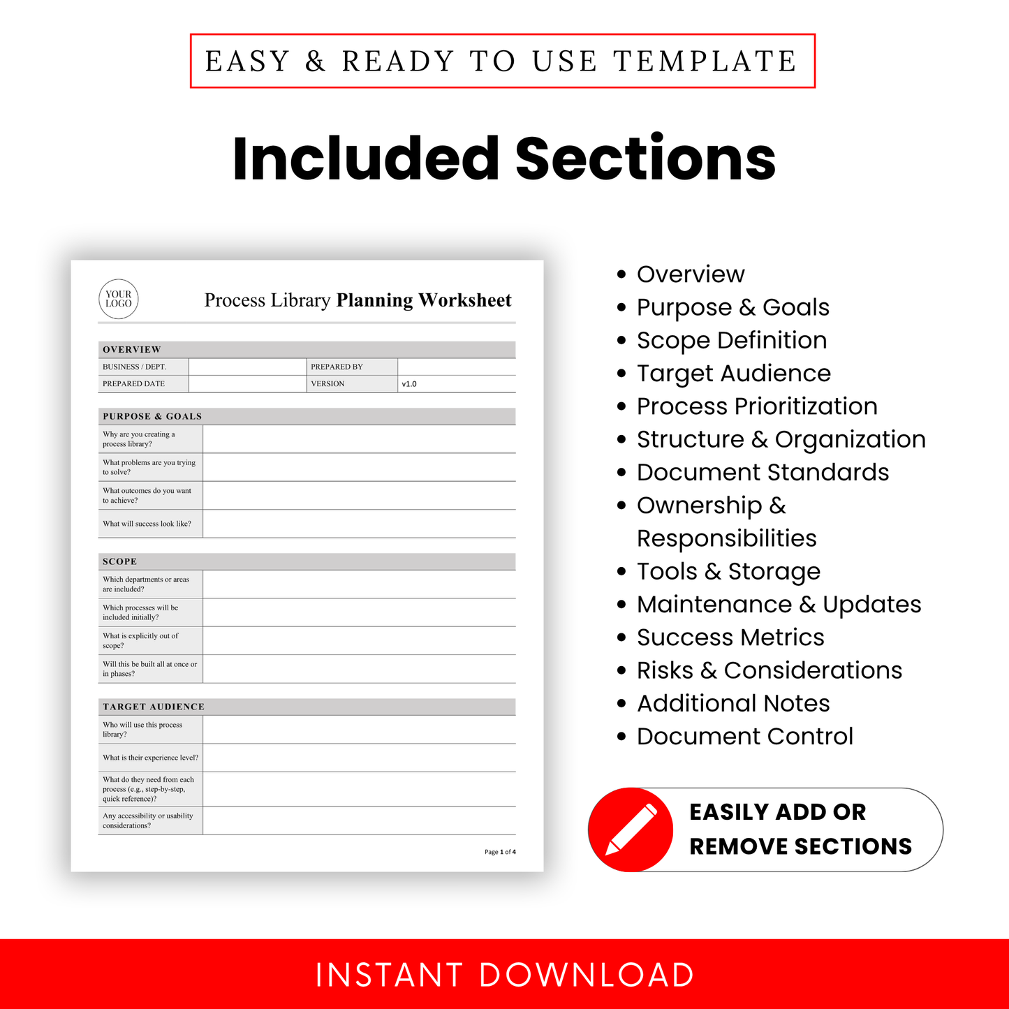 process library worksheet sections overview including goals, scope, prioritization, organization, document standards, ownership, tools, and success metrics for business workflows