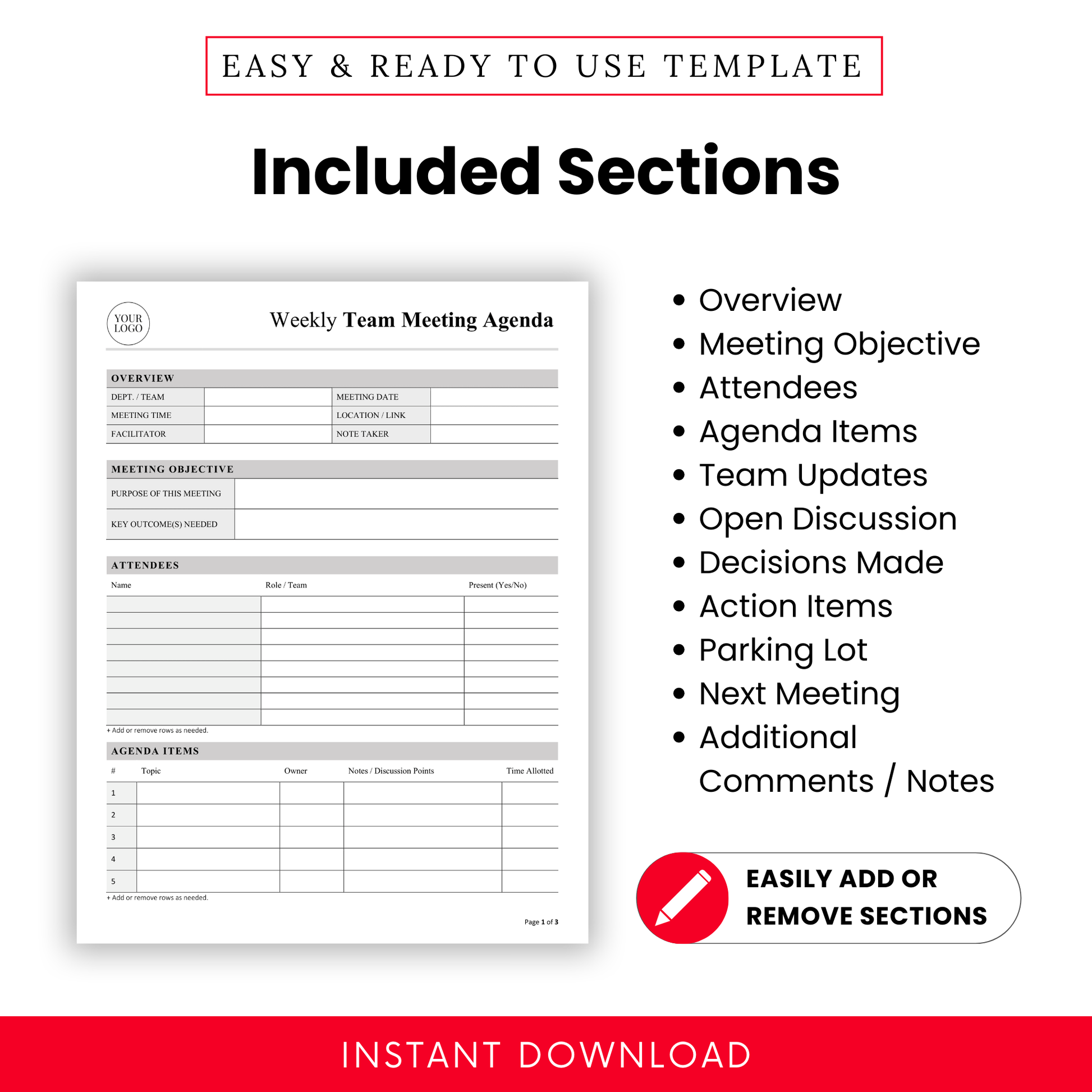 Detailed look at the sections included in the weekly meeting agenda template, such as overview, meeting objectives, attendees, agenda items, team updates, and notes