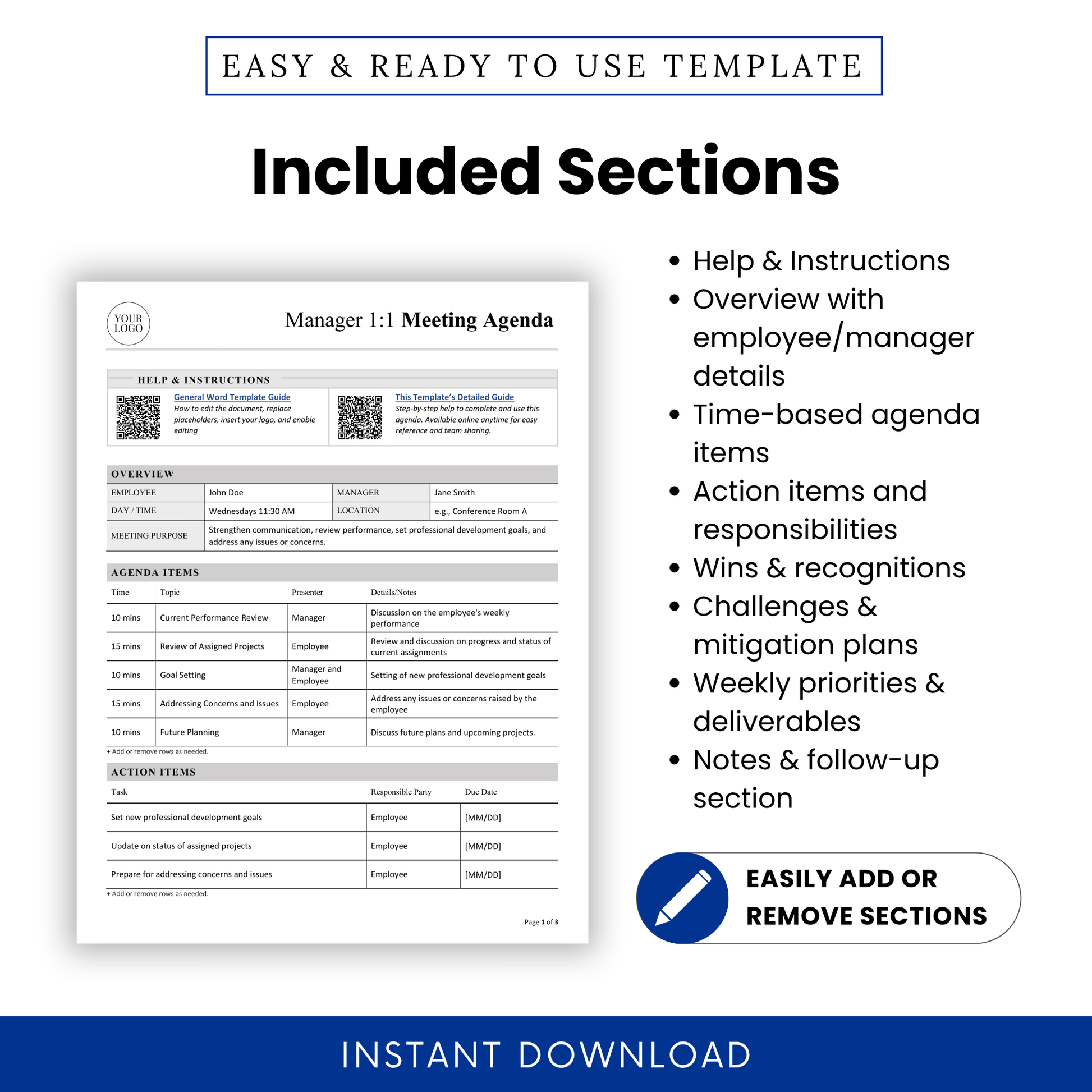 Editable 1:1 Manager meeting agenda template feature graphic highlighting included sections such as help and instructions, employee and manager details, time-based agenda items, action items, wins and recognitions, challenges, priorities, and follow-up notes